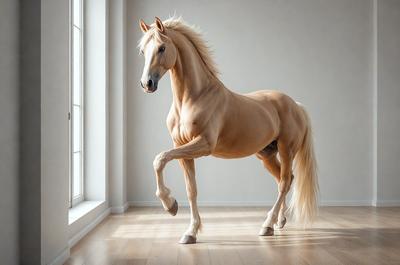 Primary subject: A brown horse with a blonde mane and tail, standing in a white room.

Setting/background: The horse is standing in a white room, which appears to be a studio or a room with a window.

Visual style: The image is a digital art or illustration of a horse.

Colors and mood: The dominant colors are white and brown, creating a clean and natural atmosphere.