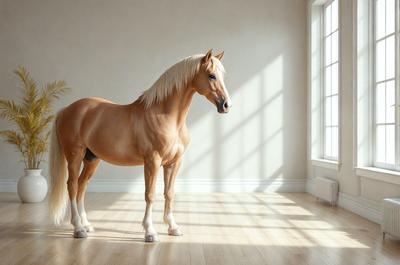 The primary subject of the image is a brown horse standing in a room. The horse is positioned in the center of the room, and it appears to be looking at the camera. The setting is a room with a window, and the visual style is a photo. The colors in the image are predominantly brown, and the overall atmosphere is calm and focused on the horse.