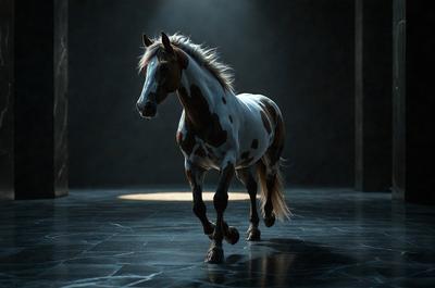 The primary subject of the image is a brown and white horse with a flowing mane. The horse is standing in a dark room, possibly a stable or a barn. The setting appears to be a black and white photo, giving the image a classic and timeless feel. The visual style is reminiscent of a painting, with the horse's features and the room's atmosphere creating a captivating scene. The colors and mood of the image are predominantly dark, with the horse's white and brown