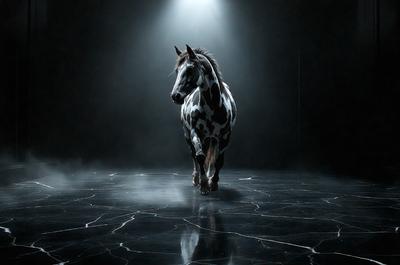 Primary subject: A spotted horse walking on a black surface.

Setting/background: The horse is walking on a black surface, possibly a black floor or a black background.

Visual style: The image is a photo of the horse.

Colors and mood: The horse has a black and white spotted pattern, and the overall atmosphere of the image is dark and moody.