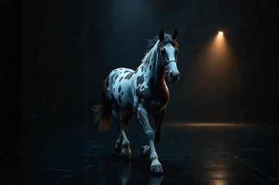 Primary subject: A white and brown spotted horse.

Setting/background: A dark room with a light source.

Visual style: A black and white photo.

Colors and mood: The horse is the main focus, and the black and white photo creates a dramatic and moody atmosphere.