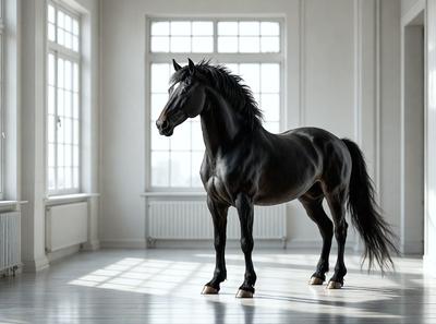 Primary subject: A black horse standing in a room.

Setting/background: The horse is standing in a room with a window in the background.

Visual style: The image is a photo of the horse.

Colors and mood: The horse is black, and the overall atmosphere is calm and focused.