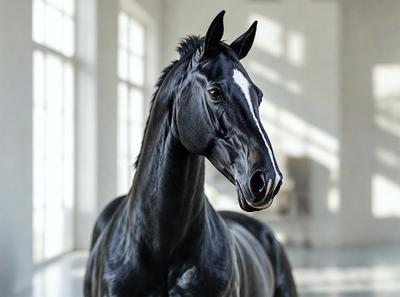 Primary subject: A black and white horse with a white stripe on its face.

Setting/background: The horse is standing in a white room, possibly a barn or a stable.

Visual style: The image is a black and white photo.

Colors and mood: The dominant colors are black, white, and gray. The mood of the image is calm and serene, as the horse stands alone in the white room.