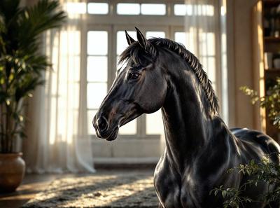 The primary subject of the image is a horse standing in a room. The horse is positioned in the center of the scene, and it appears to be looking at the camera. The setting is indoors, with a window visible in the background. The visual style of the image is a photo, capturing the horse in its natural environment. The colors in the image are predominantly black and white, giving the scene a classic and timeless feel.