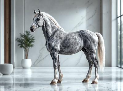 Primary subject: A gray horse standing on a white marble floor.

Setting/background: The horse is standing in front of a white marble wall, which serves as the backdrop for the scene.

Visual style: The image is a digital artwork, featuring a gray horse with a white marble floor.

Colors and mood: The dominant colors in the image are gray and white, creating a clean and elegant atmosphere.