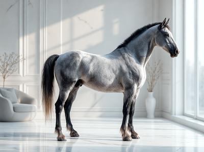 Primary subject: A gray horse standing in a white room.

Setting/background: The horse is standing in a white room, which appears to be a studio or a room with a window.

Visual style: The image is a digital art or illustration of a gray horse.

Colors and mood: The dominant colors are white and gray, creating a clean and minimalist atmosphere.