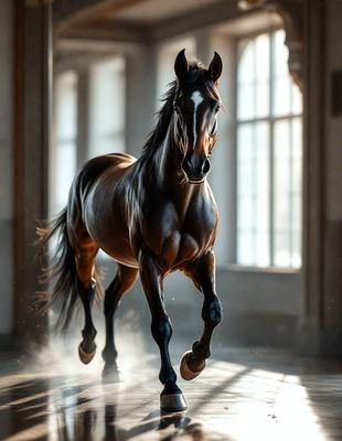Primary subject: A brown horse with a white face.

Setting/background: The horse is in a room with a window, and there is a wall visible in the background.

Visual style: The image is a photo of the horse.

Colors and mood: The horse has a brown body with a white face, and the overall atmosphere is calm and focused.