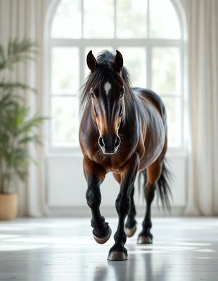 The primary subject of the image is a brown horse with a white stripe on its face, walking across a room. The horse is the main focus of the scene. The setting is indoors, with a window visible in the background. The visual style appears to be a photo, capturing the horse in motion. The colors in the image are predominantly brown and white, creating a warm and natural atmosphere.