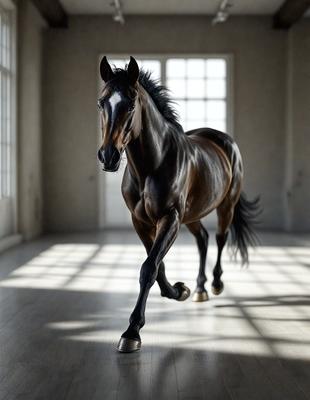 Primary subject: A brown horse with a white face.

Setting/background: A large, empty room with a window.

Visual style: A photo of the horse.

Colors and mood: The horse is brown and white, and the overall atmosphere is calm and serene.