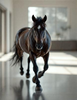 The primary subject of the image is a brown horse with a white stripe on its face. The horse is running or galloping on a hardwood floor, which serves as the setting for the scene. The visual style of the image is a photo, capturing the horse in motion. The dominant colors in the image are brown and white, with the brown horse and the white stripe on its face being the main focus. The overall atmosphere of the image is energetic and dynamic, as the horse appears to be in motion and running