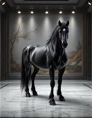 Primary subject: A black horse standing in a room.

Setting/background: The horse is standing in a room with a large painting on the wall behind it. The room appears to be a gallery or a museum.

Visual style: The image is a digital art or illustration of a horse.

Colors and mood: The dominant colors in the image are black and white, giving it a classic and elegant appearance. The mood of the image is calm and serene, as the horse stands alone in the room