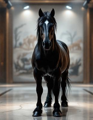The primary subject of the image is a black horse standing in a hallway. The setting is indoors, with a wall featuring a painting of animals. The visual style appears to be a photo, capturing the horse in its natural environment. The colors in the image are predominantly black and white, giving the scene a classic and timeless feel.