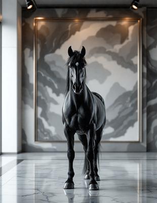 The primary subject of the image is a black horse standing in a room. The setting is indoors, with a wall behind the horse featuring a cloud pattern. The visual style appears to be a photo, capturing the horse in its natural environment. The colors in the image are predominantly black and white, giving the scene a classic and timeless feel.