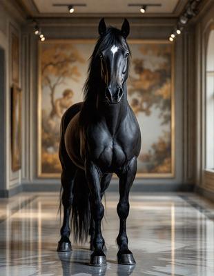 The primary subject of the image is a black horse standing in a hallway. The setting is a large, ornate room with a painting on the wall. The visual style appears to be a photo, capturing the horse in its natural environment. The colors in the image are predominantly black and white, giving the scene a classic and elegant atmosphere.
