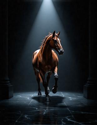 Primary subject: A brown horse with a white face.

Setting/background: The horse is standing in a dark room with a bright light shining on it.

Visual style: The image is a black and white photo.

Colors and mood: The dominant colors are black and white, creating a dramatic and moody atmosphere.