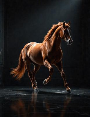 Primary subject: A brown horse with a flowing mane.

Setting/background: A dark room with a black background.

Visual style: A black and white photo.

Colors and mood: The image has a monochromatic color scheme, giving it a classic and timeless feel.