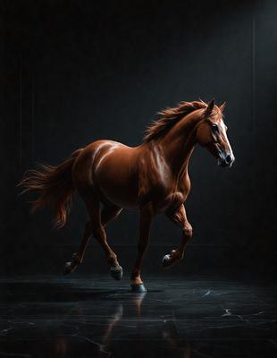 Primary subject: A brown horse with a flowing mane.

Setting/background: A dark room with a black background.

Visual style: A black and white photo.

Colors and mood: The horse's brown color and the dark room create a moody atmosphere.