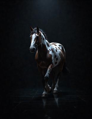 Primary subject: A brown and white spotted horse.

Setting/background: A dark room with a black background.

Visual style: A digital art or illustration.

Colors and mood: The horse is the main focus, and its brown and white spots create a contrast against the dark background. The overall atmosphere is mysterious and dramatic.