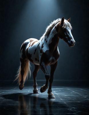 Primary subject: A brown and white spotted horse.

Setting/background: A dark room with a white surface.

Visual style: A black and white photo.

Colors and mood: The horse is the main focus, and the black and white photo creates a dramatic and moody atmosphere.