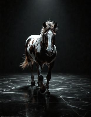 Primary subject: A brown and white spotted horse.

Setting/background: A dark room with a black and white floor.

Visual style: A photo of the horse.

Colors and mood: The horse has brown and white spots, and the overall atmosphere is dark and moody.