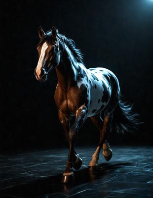 Primary subject: A brown and white spotted horse.

Setting/background: A dark room with a black background.

Visual style: A black and white photo.

Colors and mood: The horse's brown and white spots stand out against the dark background, creating a striking contrast. The overall atmosphere is dramatic and artistic.