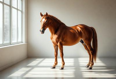 Primary subject: A brown horse standing in a white room.

Setting/background: The horse is standing in a white room, with a window in the background.

Visual style: The image is a photo of the horse in the white room.

Colors and mood: The dominant colors are white and brown, creating a calm and serene atmosphere.