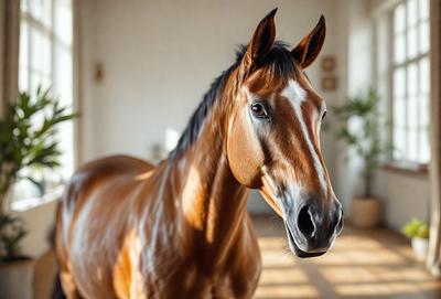 The primary subject of the image is a brown horse with a white stripe on its face. The horse is standing in a room with a white wall, and it appears to be looking directly at the camera. The setting is indoors, and the visual style is a close-up photo of the horse. The colors in the image are predominantly brown and white, creating a warm and natural atmosphere.