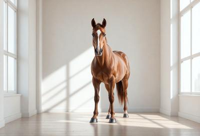 Primary subject: A brown horse standing in a room.

Setting/background: The horse is standing in a room with a white wall.

Visual style: The image is a photo of the horse.

Colors and mood: The horse is brown, and the overall atmosphere is calm and serene.