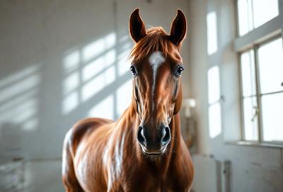 The primary subject of the image is a brown horse with a white stripe on its face. The horse is standing in a room with a window, and the lighting creates a warm and inviting atmosphere. The visual style of the image is a close-up of the horse, showcasing its features and expression. The colors and mood of the image are predominantly warm and earthy tones, with the horse's brown and white fur standing out against the backdrop.