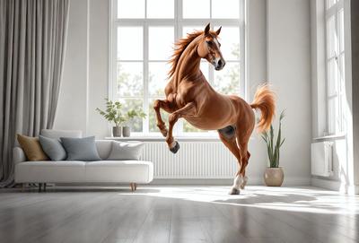Primary subject: A brown horse jumping in a living room.

Setting/background: The living room has a couch, a potted plant, and a window.

Visual style: The image is a digital art or illustration of a horse jumping in a living room.

Colors and mood: The image has a warm and lively atmosphere, with the brown horse as the main focus.