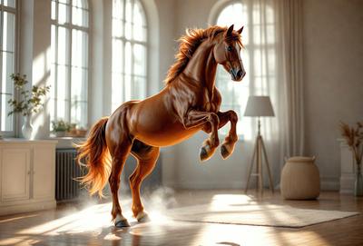 Primary subject: A brown horse with a flowing mane, jumping in a room.

Setting/background: The horse is in a room with a window, a lamp, and a vase. The room appears to be a living space.

Visual style: The image is a digital art or illustration of the horse.

Colors and mood: The horse is brown, and the room has a warm and inviting atmosphere.