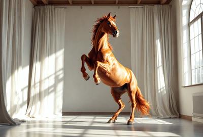 The primary subject of the image is a brown horse with a flowing mane, standing in a large, open space. The horse appears to be in motion, possibly galloping or running. The setting is a white room with a large window, which provides a contrasting background for the horse. The visual style of the image is a combination of photo and digital art, creating a dynamic and realistic representation of the horse. The colors and mood of the image are predominantly warm and energetic, with the horse's