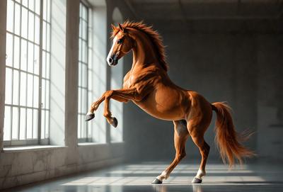 Primary subject: A brown horse with a white face standing in a room.

Setting/background: The horse is standing in a room with a window, and there is a wall visible in the background.

Visual style: The image is a black and white photo.

Colors and mood: The dominant colors are black and white, giving the image a classic and timeless feel. The horse's brown color and white face create a striking contrast against the black and white background.