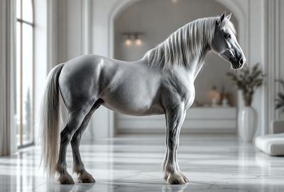 The primary subject of the image is a white horse standing in a room. The setting is a white room, and the visual style appears to be a photo. The horse is the main focus of the image, and its white color and overall appearance create a calm and serene atmosphere.