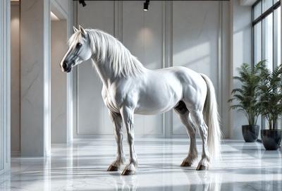 Primary subject: White horse
Setting/background: White marble flooring
Visual style: Digital art
Colors and mood: White and clean