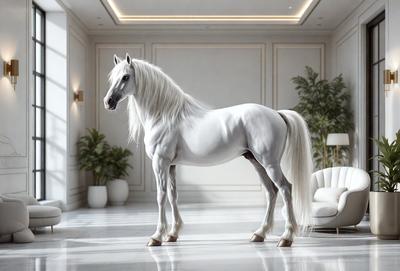 The primary subject of the image is a white horse standing in a room. The setting is a white room with a white couch and a potted plant. The visual style is digital art, and the colors and mood are predominantly white, giving the scene a clean and serene atmosphere.