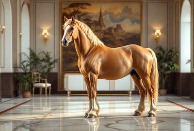 Primary subject: A brown horse standing in a room.

Setting/background: The horse is standing in front of a painting, which is hanging on the wall. The room appears to be a formal setting, possibly a ballroom.

Visual style: The image is a digital artwork, featuring a realistic representation of the horse.

Colors and mood: The dominant colors in the image are brown and white, with a warm and elegant atmosphere.