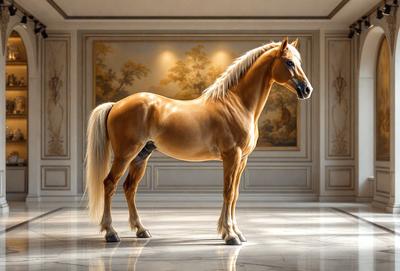 The primary subject of the image is a large, beautifully colored horse standing in a room. The horse is positioned in the center of the scene, and its presence creates a sense of grandeur and elegance. The setting appears to be a room with a white background, which contrasts with the horse's vibrant colors. The visual style of the image is a combination of photo and digital art, creating a realistic yet artistic representation of the horse. The colors and mood of the image are predominantly warm and