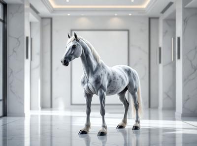 Primary subject: A white horse standing in a room.

Setting/background: The horse is standing in a room with a white wall and a white floor.

Visual style: The image is a digital art or illustration of a white horse.

Colors and mood: The image has a predominantly white color scheme, giving it a clean and minimalist appearance.