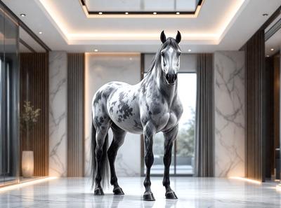 Primary subject: A gray and white horse standing in a room.

Setting/background: The horse is standing in a room with a marble floor.

Visual style: The image is a digital art of a horse.

Colors and mood: The horse has a gray and white color, and the overall atmosphere is calm and serene.