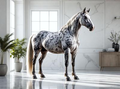 Primary subject: A horse
Setting/background: A white room with a window
Visual style: Digital art
Colors and mood: White and gray, creating a calm and serene atmosphere