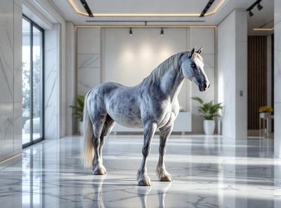 Primary subject: A white horse standing in a large, empty room.

Setting/background: The room is empty, with no other objects or people visible.

Visual style: The image is a digital art or illustration, featuring a realistic representation of the horse.

Colors and mood: The room is predominantly white, giving it a clean and minimalist appearance. The horse's white fur contrasts with the white background, creating a sense of calm and tranquility.