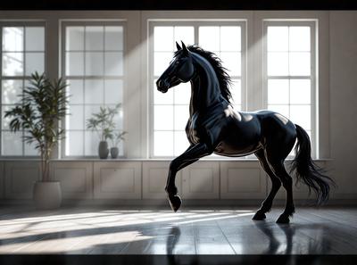 Primary subject: A black horse with a flowing mane.

Setting/background: The horse is standing in a room with a window in the background.

Visual style: The image is a digital art or illustration of a horse.

Colors and mood: The horse is black, and the overall atmosphere is calm and serene.
