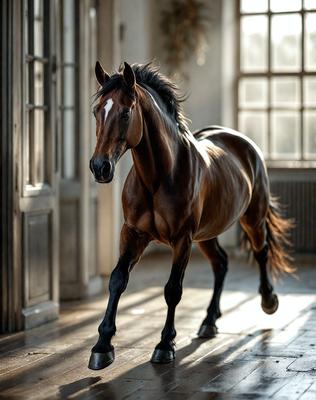 Primary subject: A brown horse with a white face standing in a room.

Setting/background: The horse is standing in a room with a doorway visible.

Visual style: The image is a photo of the horse.

Colors and mood: The horse has a brown and white color, and the overall atmosphere is calm and serene.
