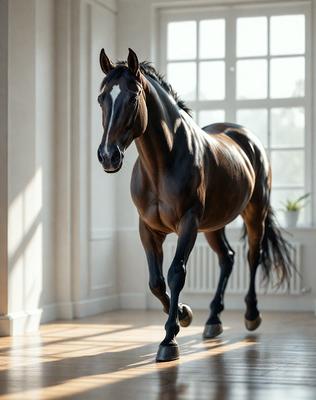 Primary subject: A brown horse with a white face.

Setting/background: The horse is walking on a wooden floor, possibly in a barn or a similar indoor environment.

Visual style: The image is a photo of the horse.

Colors and mood: The horse has a brown coat with a white face, and the wooden floor adds a warm and natural tone to the scene.