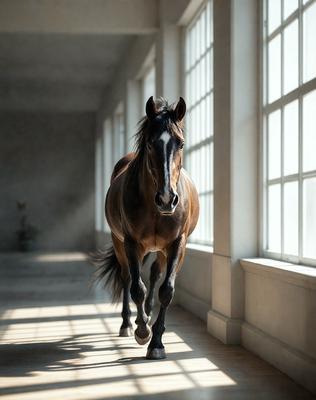 Primary subject: A brown horse with a white face.

Setting/background: A large, empty room with windows.

Visual style: A photo of the horse in motion.

Colors and mood: The horse is brown and white, and the overall atmosphere is calm and serene.