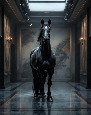 The primary subject of the image is a black horse standing in a hallway. The setting is a dark room with a large painting in the background. The visual style appears to be a combination of a photo and digital art, creating a unique and intriguing atmosphere. The dominant colors are black and white, with the horse being the main focus of the image.