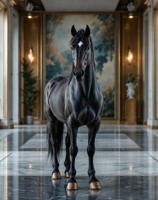 The primary subject of the image is a black horse standing in a large, ornate room. The setting includes a marble floor and a large painting on the wall. The visual style of the image is a photo, capturing the horse in its natural environment. The colors in the image are predominantly black and white, giving the scene a classic and elegant atmosphere.