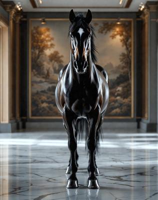 The primary subject of the image is a black horse standing in a hallway. The setting is indoors, with a wall featuring a painting in the background. The visual style appears to be a photo, capturing the horse in its natural environment. The colors in the image are predominantly black and white, giving the scene a classic and elegant atmosphere.