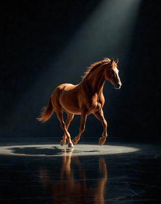 Primary subject: A brown horse with a flowing mane.

Setting/background: A darkened studio with a spotlight shining on the horse.

Visual style: A digital art or illustration of the horse.

Colors and mood: The horse is brown, and the overall atmosphere is dramatic and focused.